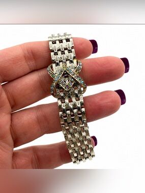 Coro Pegasus Silver Tone Wide Textured Link Bracelet with AB Rhinestones MCM